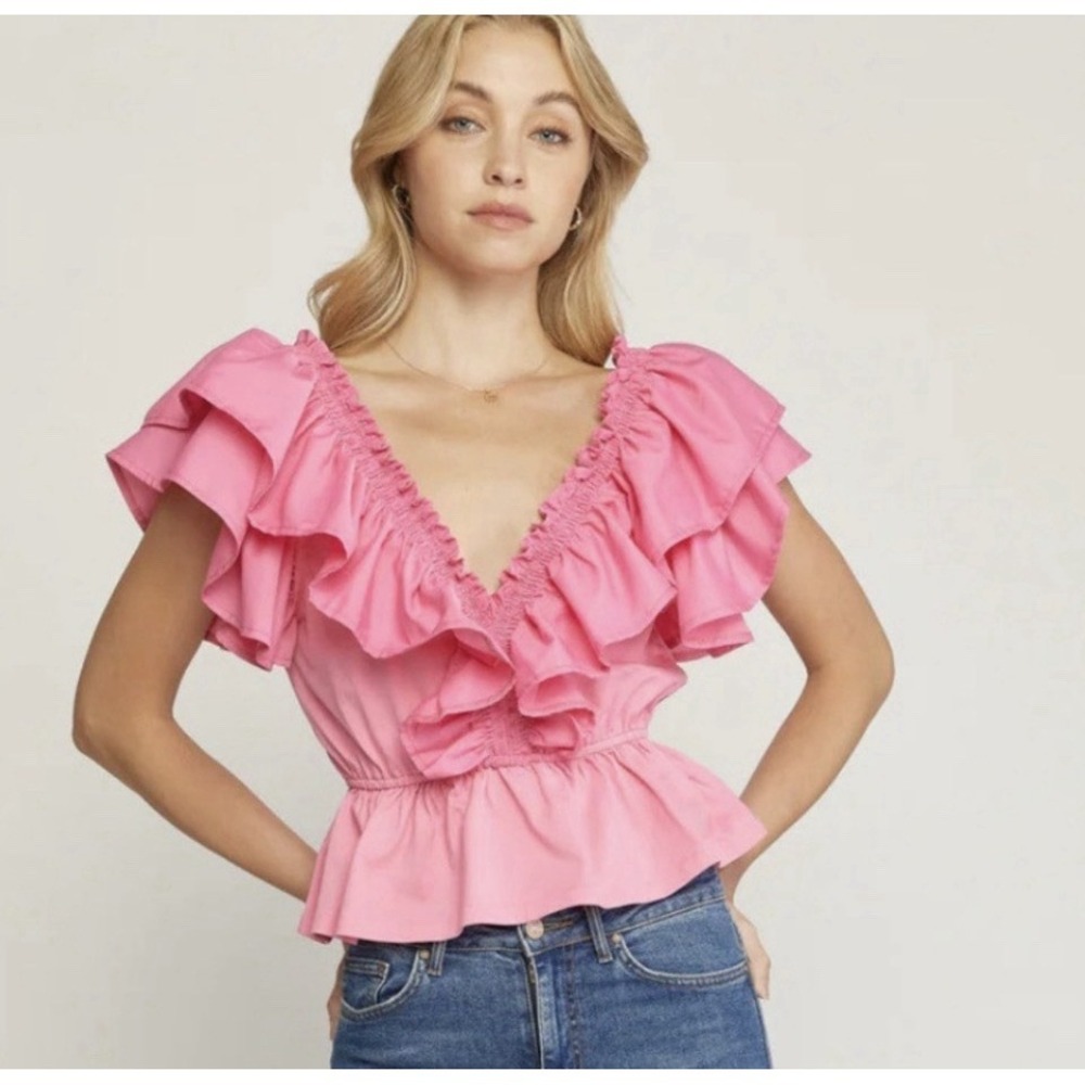 Entro Flutter Sleeve Ruffle Pleated V-Neck Peplum Waist Top Blouse Pink Size L